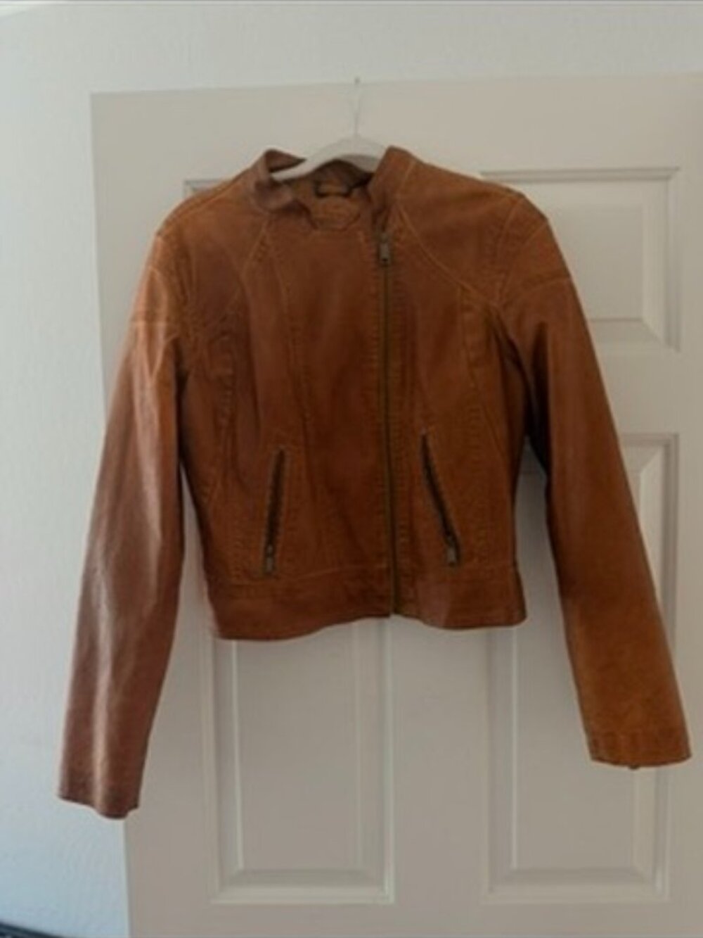 Cognac Brown Moto Jacket Cropped Zip-Up Biker Style